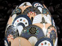 Featured in  Weranda Magazine Issue April 2012   Cranes and Fans Chiyogami Ukrainian Style Easter Egg Pysanky by So Jeo : Pysanky Pysanka Ukrainian Easter egg batik ukrainian easter art batik  eggshell kimono chiyogami washi origami fans cranes birds blooms gold leaf sojeo leblond artist art  poland polish magazine weranda design april 2012